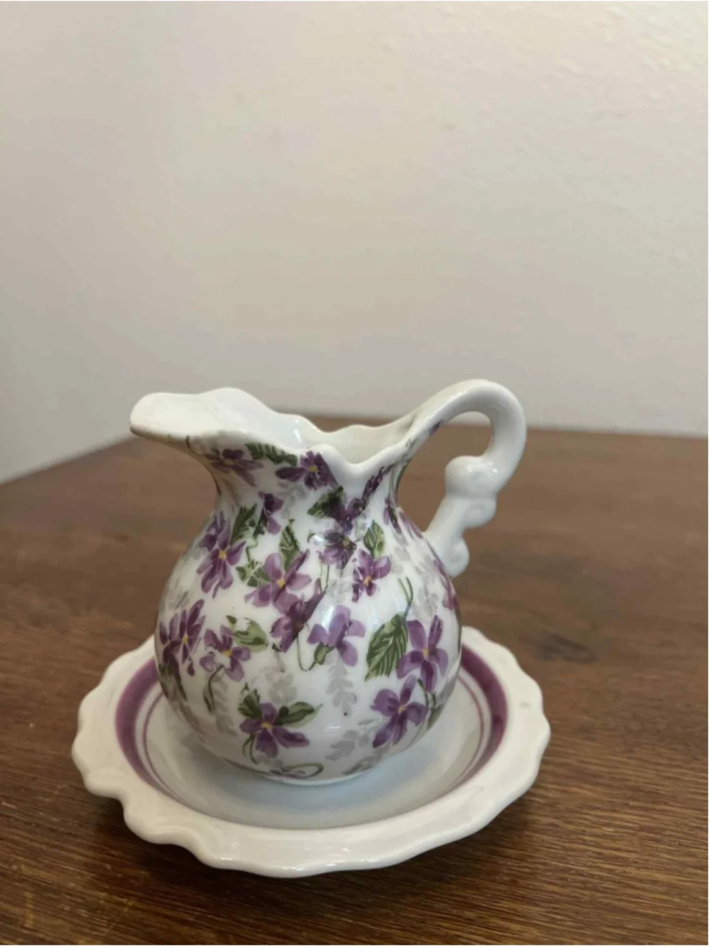 Vintage Violet Porcelain Mini Pitcher & Underplate 4982 Floral Vanity Vase Japan
